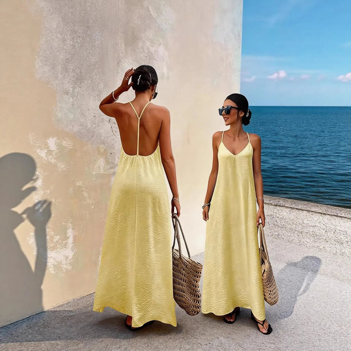 Women's New Solid Color Spaghetti Strap Deep Backless Loose Flowy Maxi Dress Elegant Comfort Casual Trendy Versatile Daily Dress