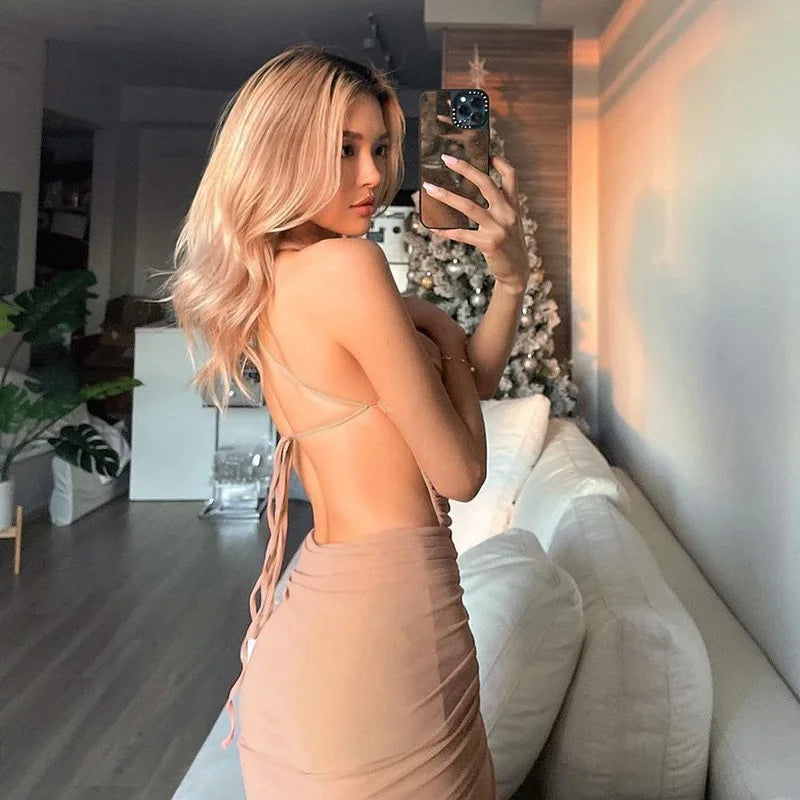Sexy See-through Mesh Long Dress High Split Halter Pleated Maxi Dresses Prom Party Vestidos Women Backless Outfit Beach Sundress