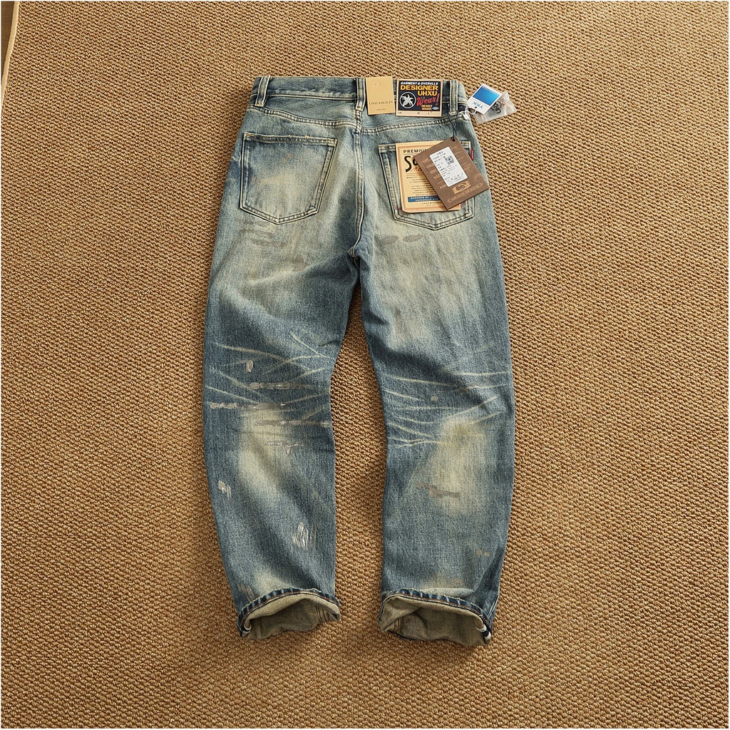 2025 Autumn New American Retro Heavyweight Ripped Denim Men's Fashion 100% Cotton Washed Old Straight Tapered Casual Jeans