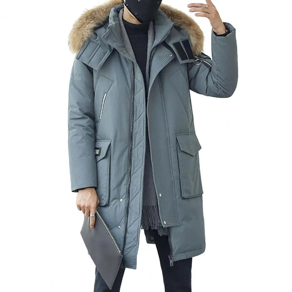 Men Down Jacket Fur Collar Hooded Long Sleeve Solid Color Winter Coat Zipper Placket Pockets Thickened Puffer Outwear