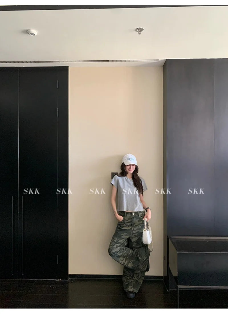 YJKDYK High Waist Camouflage Workwear Jeans Women's Autumn Spring American Retro Wide Leg Floor-Length Pants Trendy High Street