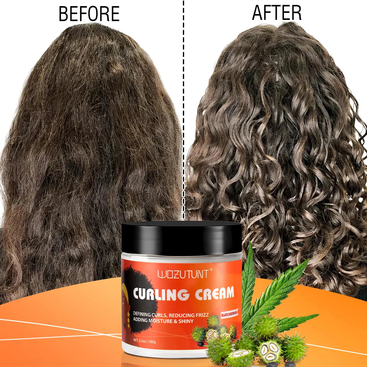 WOZUTUNT Curl Defining Cream 100g, Leave-in Styling Cream with Black Castor Oil,Frizz Control Hydrate for Bouncy Shiny Hairstyle