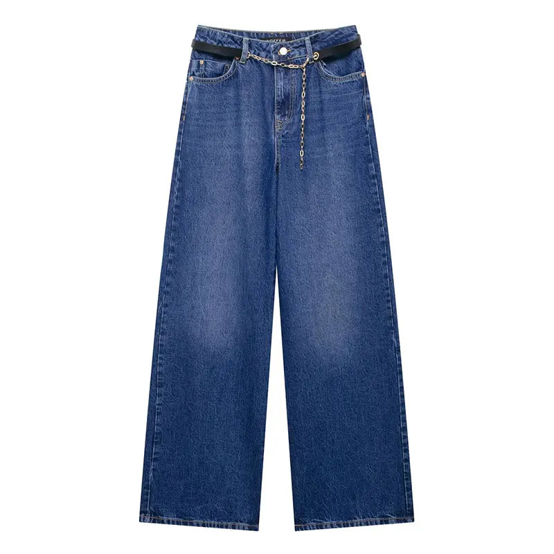 HH 2025 Summer Women Fashion Denim Trousers Set Solid Cropped Vest Top + Chain Lace Up Versatile Female Wide Leg Long Pant