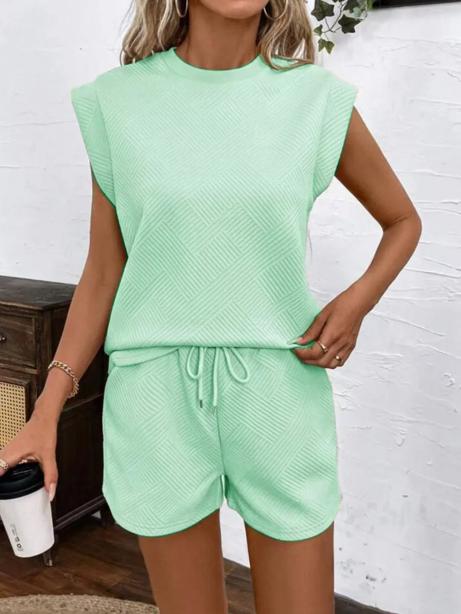 Women Shorts Pant Set Two Piece Sets Round Neck Solid Casual Loose Tops Short Pants Lace Up Elastic Waist Y2k Streetwear 2026