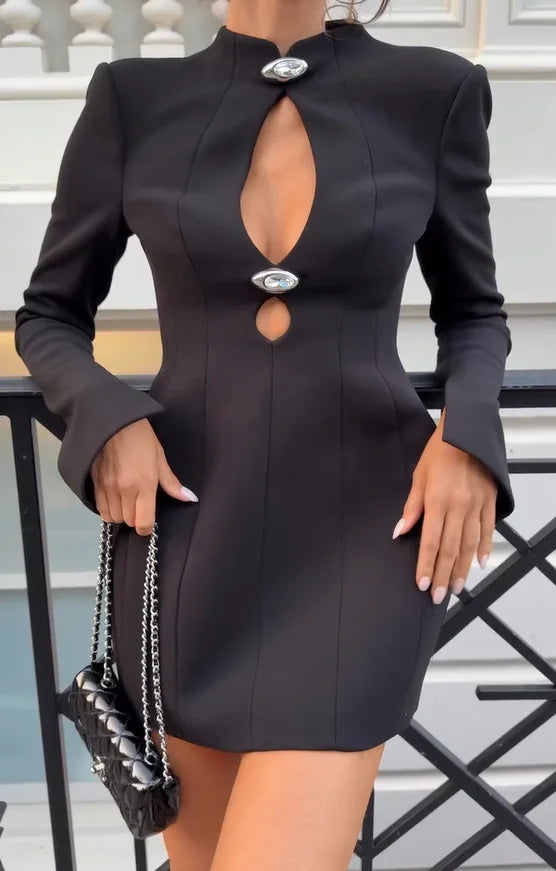 Sexy Hollowed-out Short Mini Skirt Women Fashion Solid Long Sleeve Round Neck Fitted Short Skirts Lady 2025 High Street Wear