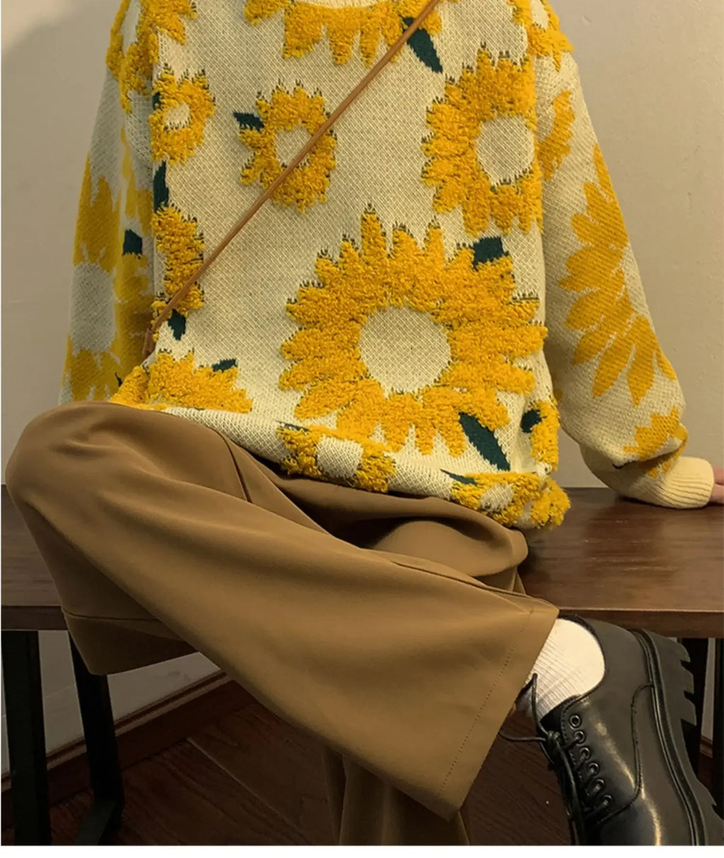 Flocking Floral Sweaters Men Baggy Spring Autumn Japanese Style Retro   High Street Harajuku Knitwear Slouchy Ins