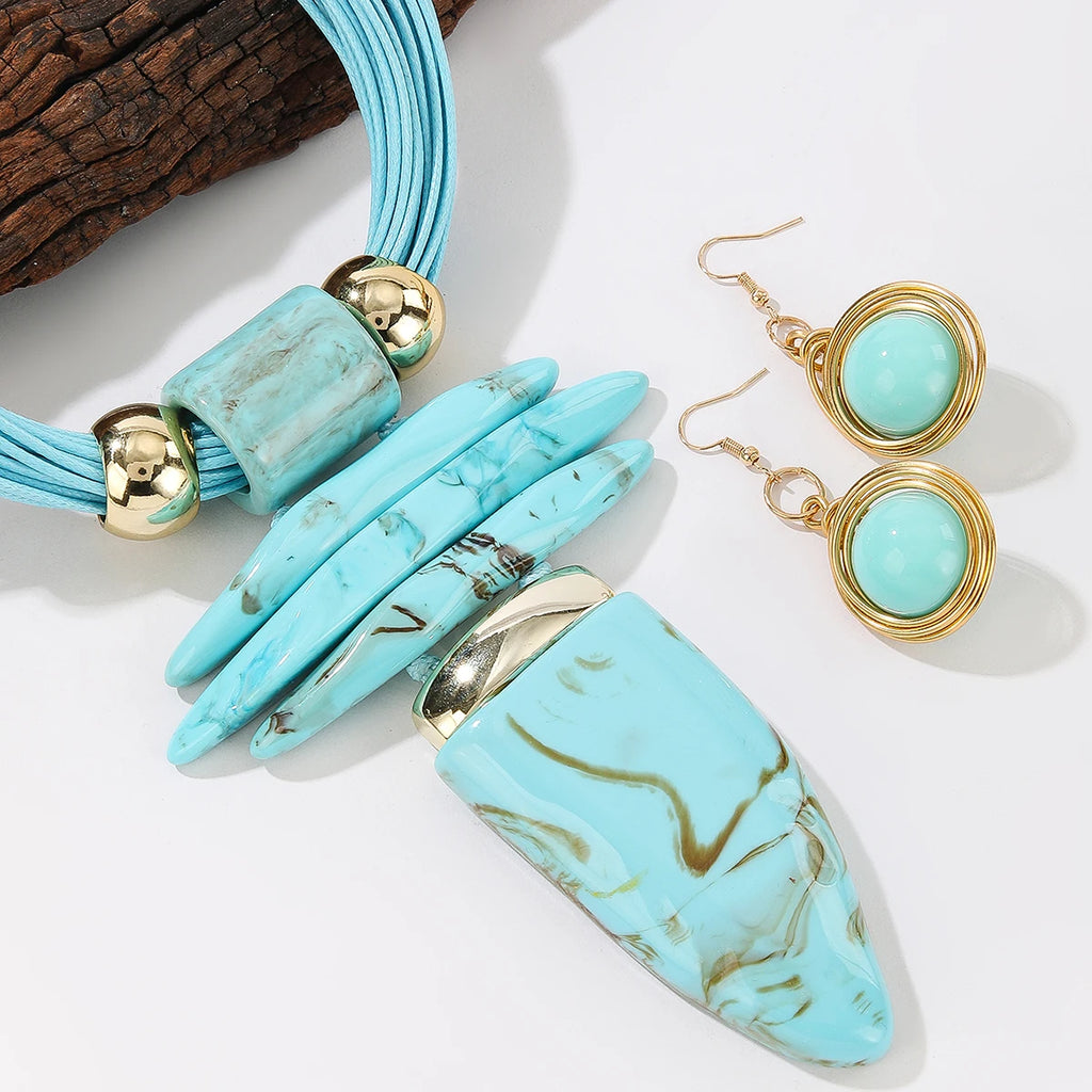 Western Jewelry Set Fashion Irregular Imitation Turquoise Wax Rope Statement Necklace And Earrings Women's Party Accessories