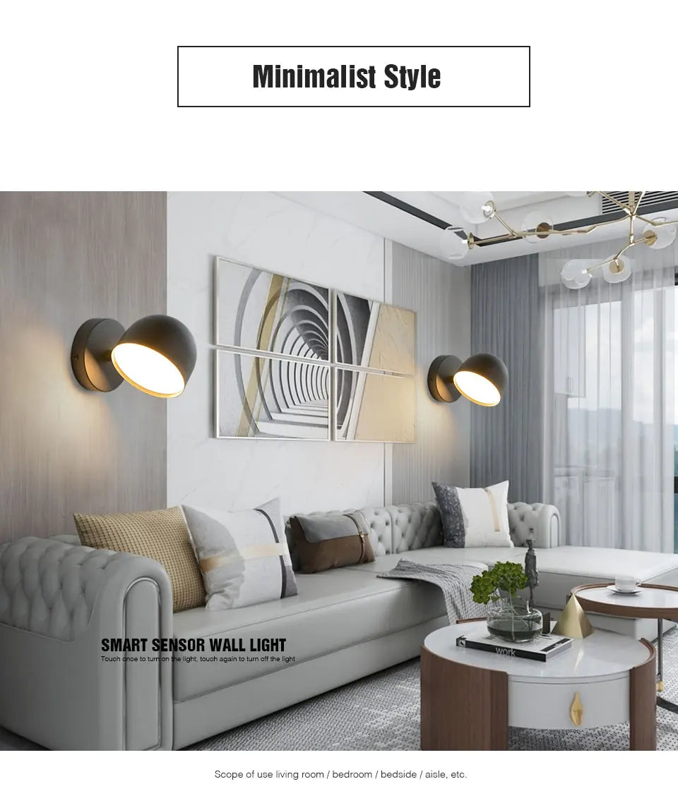 LED Indoor Wall Lamp Touch Dimming Wall Light 350° Rotatable Black White Lamp Hotel Aisle Bedroom Bedside Reading Wall Sconce