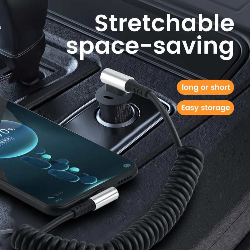 90 Degree Elbow Spring Cable USB Type C 6A Fast Charging 0.35-1.6M Retractable Data USB C To Type C Cable For iphone 15 Android
