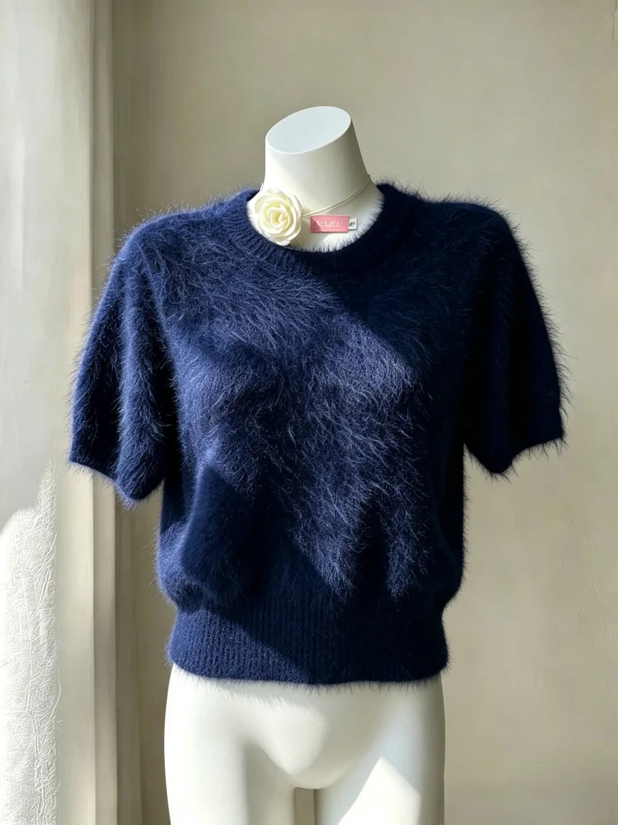 Bornladies Women's Furry Short Sleeved New Series Round Neck Soft Slim Basic Top Suitable for Daily Commuting Wearing Pullover