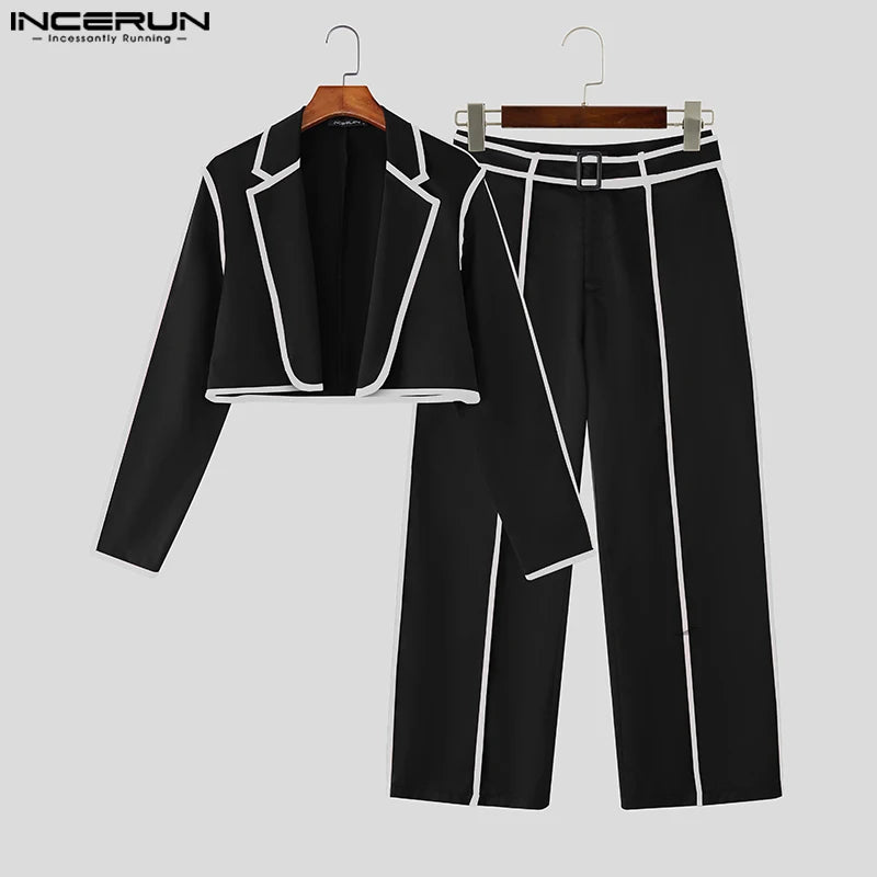 INCERUN Men Sets Patchwork Autumn 2025 Lapel Long Sleeve Crop Blazer & Pants Two Pieces Sets Streetwear Loose Fashion Men Suits