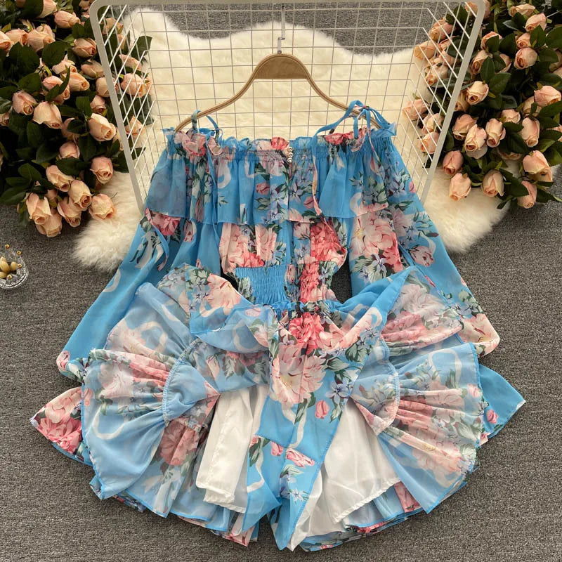 2025 New Retro Summer Beach Vacation Dress Women Sexy Strapless Lantern Sleeve Sweet Floral Jumpsuit Short Chiffon Print Dresses