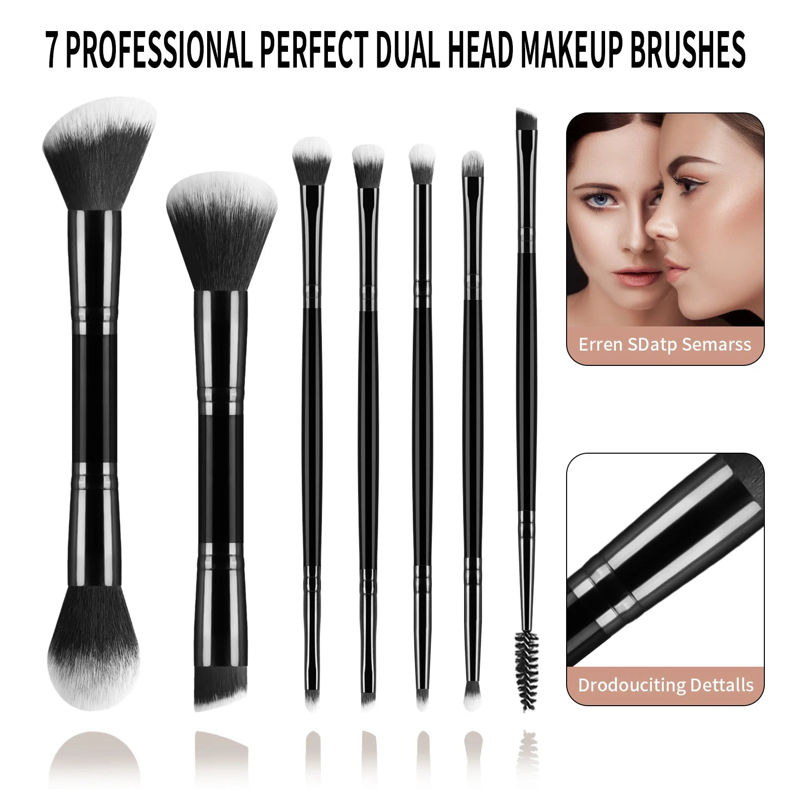 7 double-ended makeup brushes, loose powder brush, foundation brush, eyeshadow brush, eyebrow brush, soft hair beauty tool.