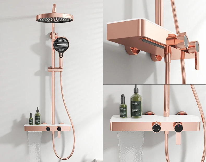 JIENI Brushed Gold Bathroom Shower Set Rainfall Hot And Cold Control Multifunctional Bath Shower Faucet System W/ Hand Shower