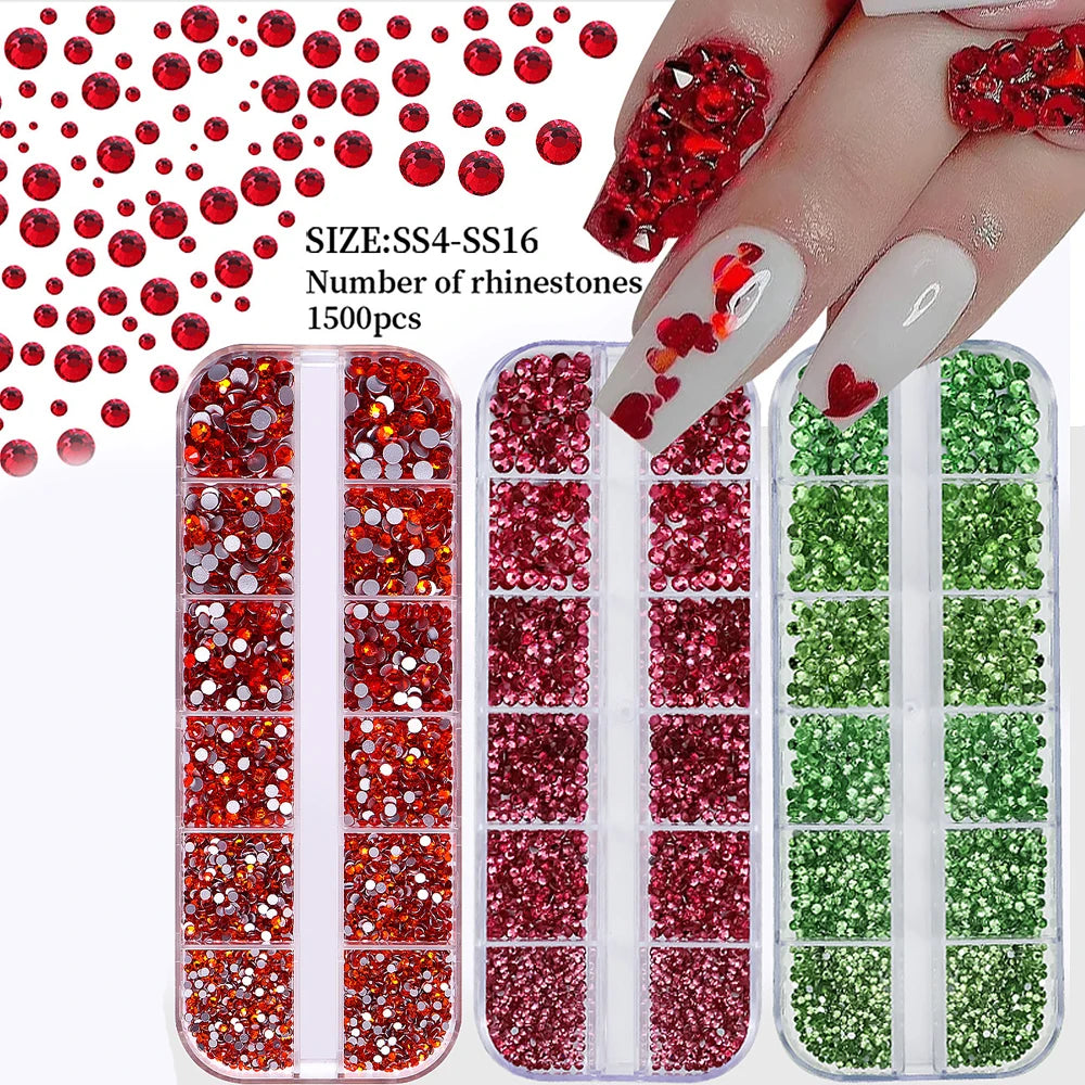 12Grid/1500PCS Shiny Crystal Nail Art Rhinestones SS4-16 Silver 3D Flatback Semicircler Nail Charms Gemstones for DIY Decoration