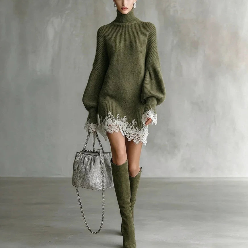 Wome Knitting Dress 2026 New Ladies Loose Fit Turtleneck Knitted Dress Autumn Lace Spliced Long Sleeve Sweater Midi Warm Dress