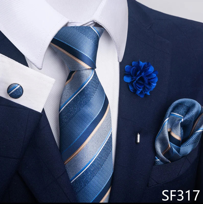 Hot Sale Luxury 8 Cm Blue Floral Ties Pocket Square Cufflinks Brooch Set For Man Suit Accessories Holiday Gift Fit Formal Party