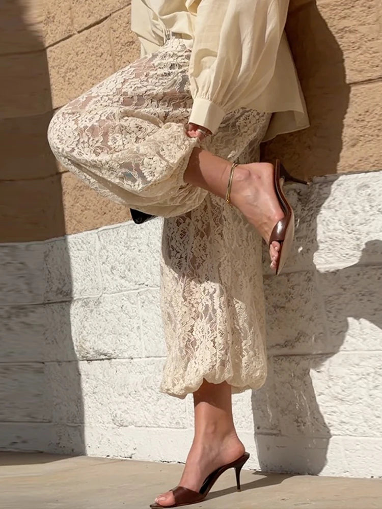 Sheer Floral Lace Tie Balloon Trousers High Waist 2026 Spring/Autumn Elegant Women Bottoms Fashion Chic Holiday Versatile Pants