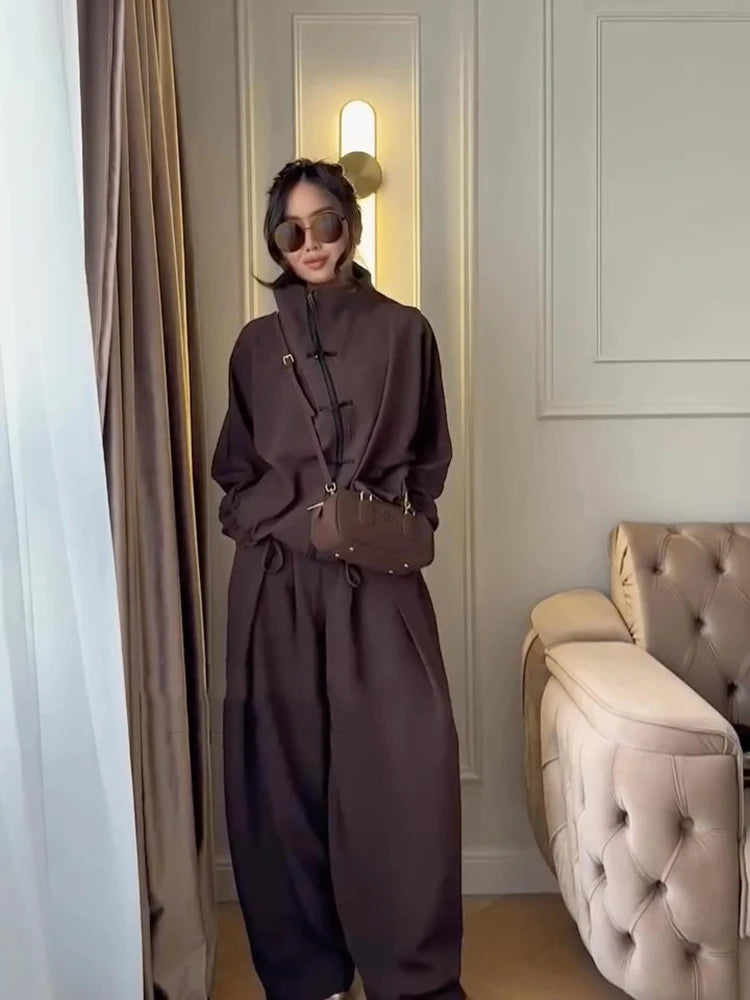 Coffee Tang Suit Two Piece Set Mandarin Collar Frog Button Top Wide Leg Cropped Pants Sets Lady Chic Retro Oriental Daily Wear