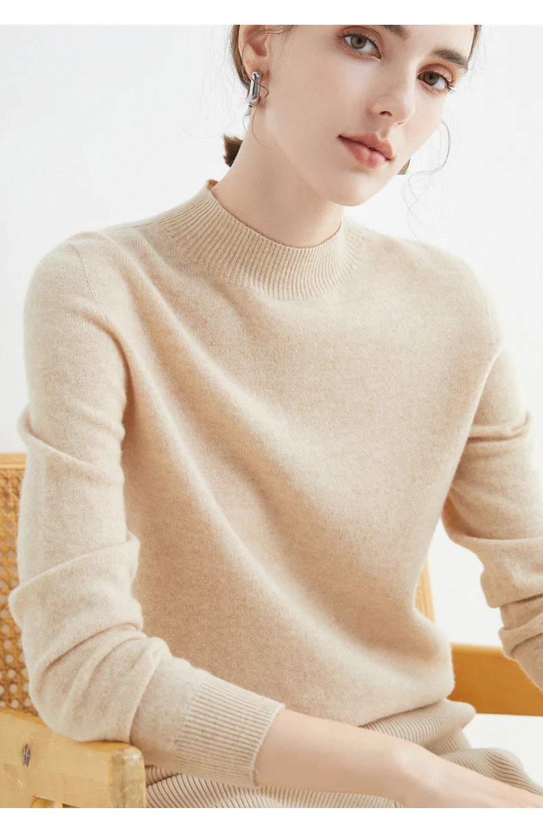 First-Line Seamless Women's Half-Turtleneck 100% Pure Wool Sweater Solid Color Long Sleeve Pullover Knitted Bottoming Sweater