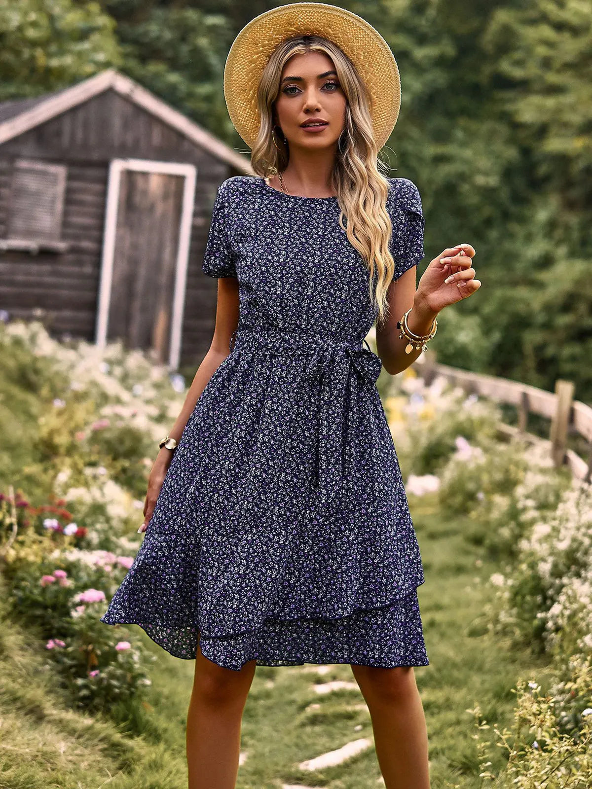 Msfilia Fashion O Neck Casual Printd Dress Women Summer Strap High Waist Pleated Dresses For Female