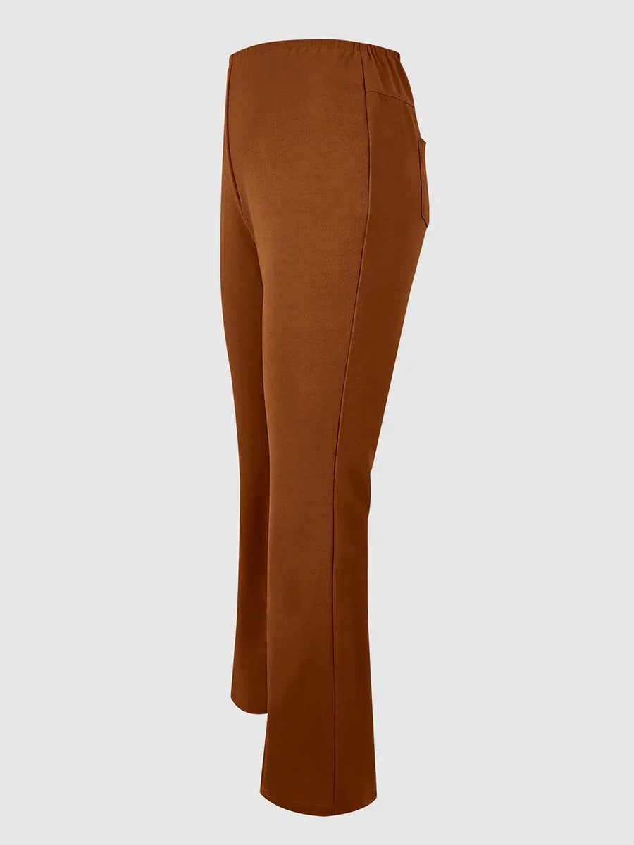 Women Chic Casual Low Waist Brown Flare Pants Slim Fit Y2K Bootcut Trousers Fashion Solid Pockets Streetwear Autumn Stretch