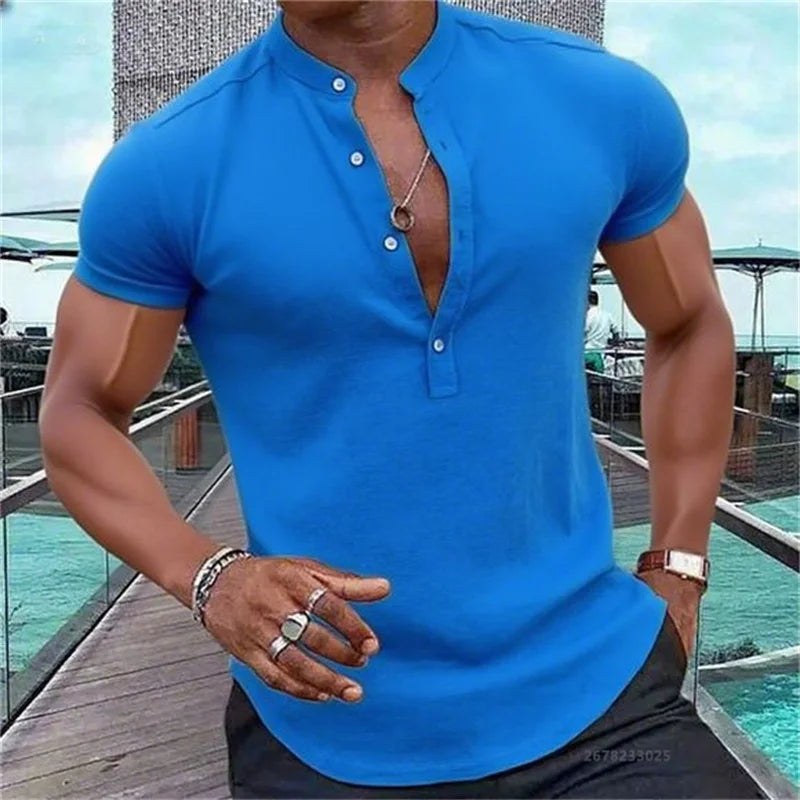 Men's Short-Sleeved Casual Shirt Hawaiian Style Shirt Solid Black Shirt Stand Collar Design Suitable for Beach Vacation XS-5XL