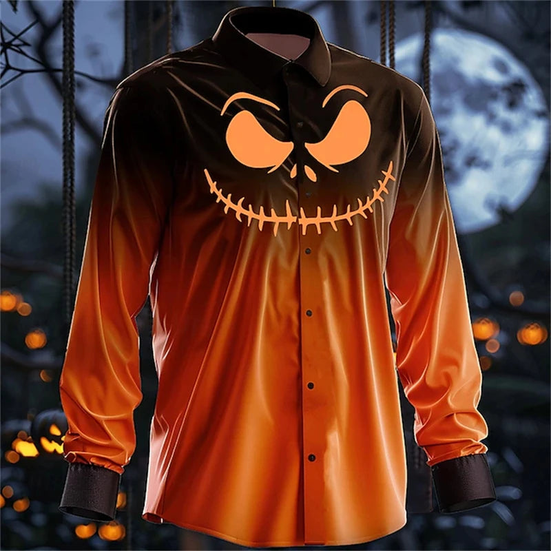 2026 Halloween Fun New Fall and Winter Yellow Shirt Halloween Party Fashion Men's Long Sleeve Tops Temperament Button Down Shirt