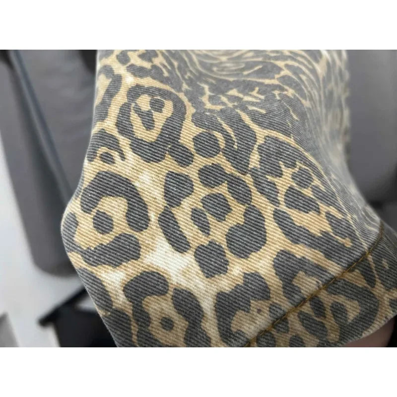 American Retro Leopard High Waist Baggy Jeans Women's Casual Pockets Hip-hop Pants 2024 Spring Y2K Oversiz Panther Denim Trouser
