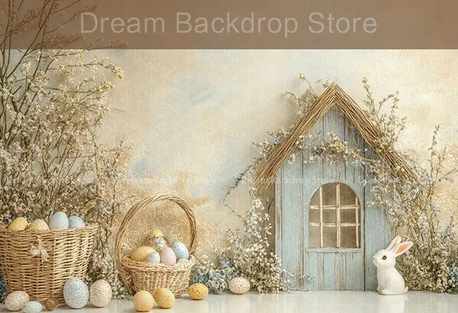 Spring Easter Background Photography Cute Rabbit Carrot Bunny Egg House Backdrop Decor for Kids Birthday Cake Smash Photo Studio