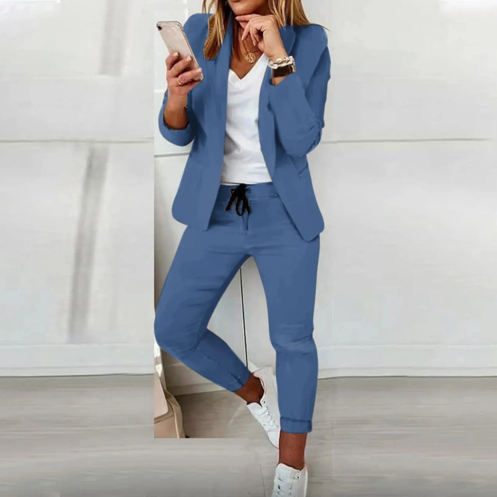 2026 Women Two Piece Pant Suit Set Outfits Spring Autumn Turn Down Print Blazer Coat Drawstring Pants Suit Women Casual Sets