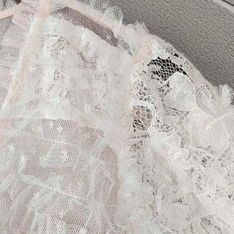 Eshin Elegant Midi Dress Short Sleeve Summer Spring New Fashion Design Women Runway Mesh Ruffles V-Neck Party High Street TH6731