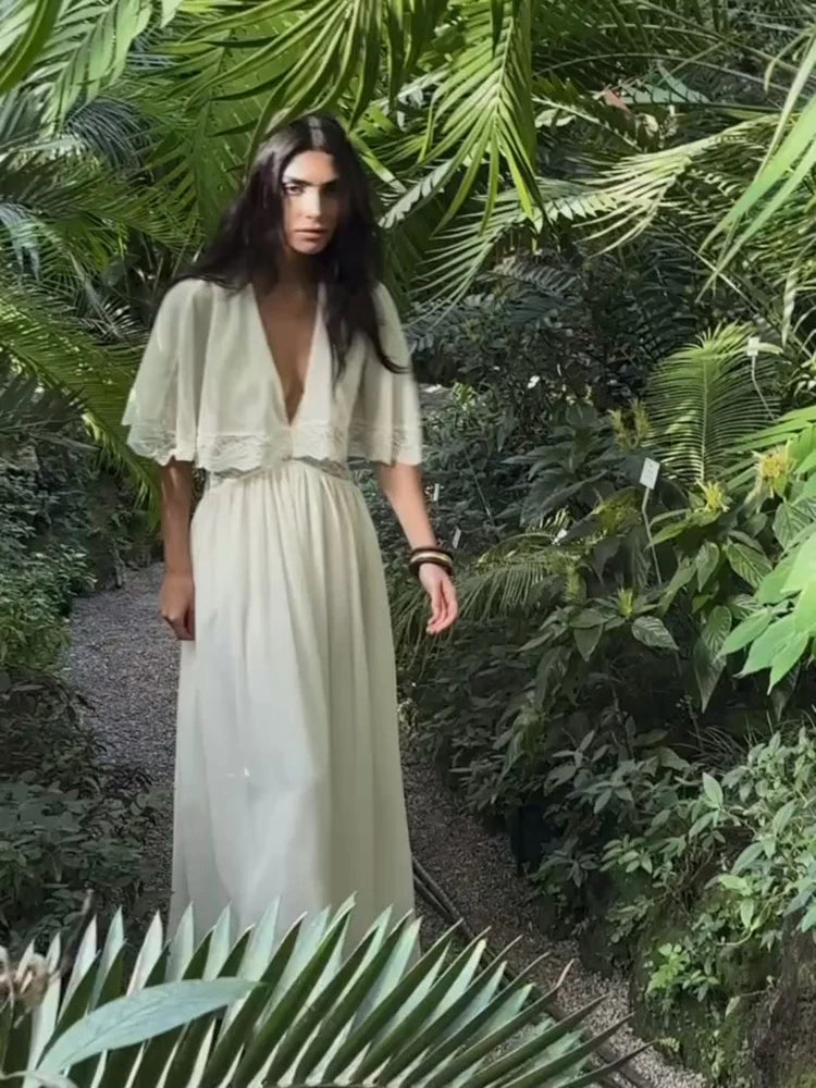Lightweight Chiffon V-Neck Lace Insert Waist Maxi Dress Cutout Puff Sleeve 2026 Summer Women Party Dress Trendy Chic Lady Outfit