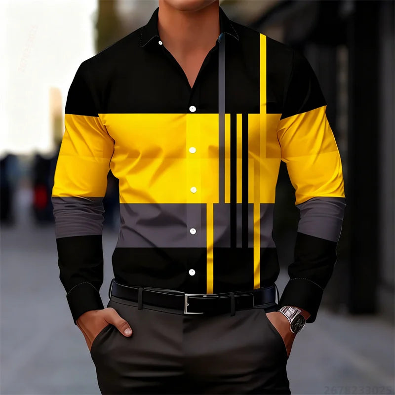 Men's color-blocked striped patchwork long-sleeved shirt, unique geometric pattern slim fit shirt, stylish men's top, XS-6XL.