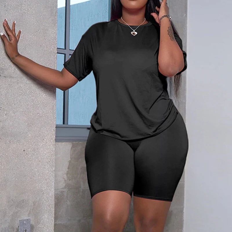 Tight Fitting Womens Short Suit Summer Solid Color T-shirt Short Two Piece Set Casual Jogging Clothing Sports Woman Outfits 2025