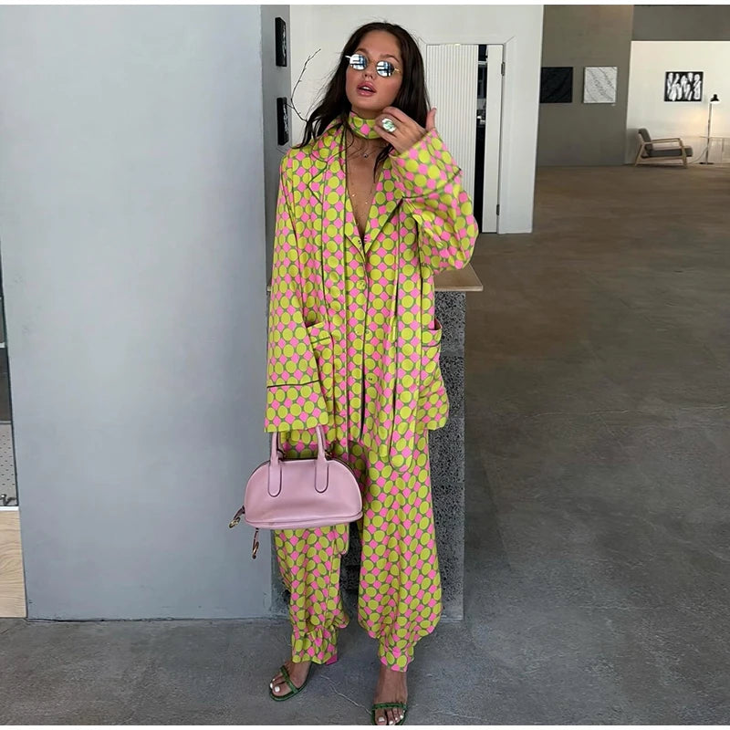 Vacation Geometric Printed Loose Pants Sets Women Lapel Full Sleeve Pocket Shirts Wide Leg Pant Suits 2026 Summer Street Outfit