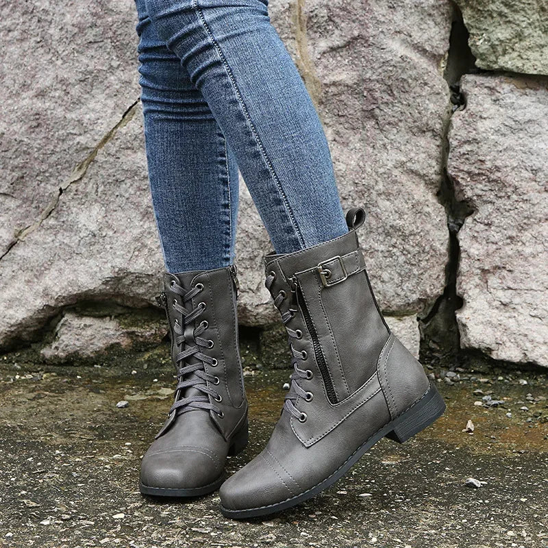 Women's Square Heels Ankle Booties  Autumn Winter PU Leather Short Work Boots Woman Plus Size Lace Up Elastic Botas Mujer 2024