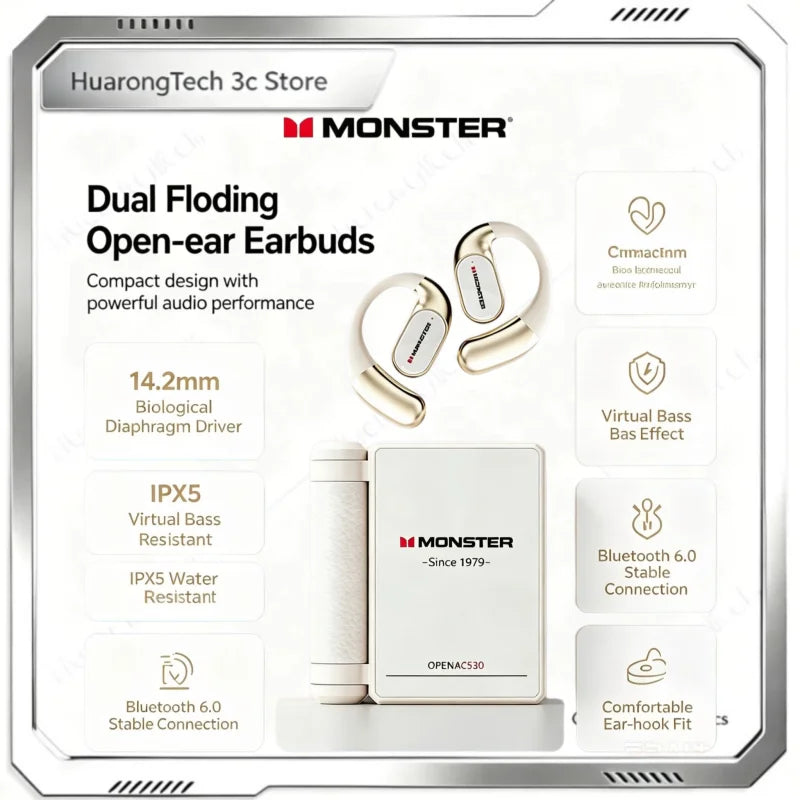 MONSTER AC530 Open-Ear Sports Earbuds Bluetooth 6.0 Wireless Ear Hook Headphones Dual Folding Design IPX5 Waterproof for Running