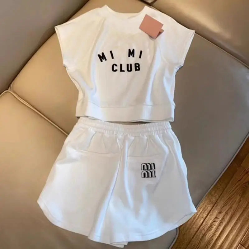 Sports and Leisure Set for Women in Spring and Summer New Korean Version Short Sleeved T-shirt High Waist Short Two-piece Set