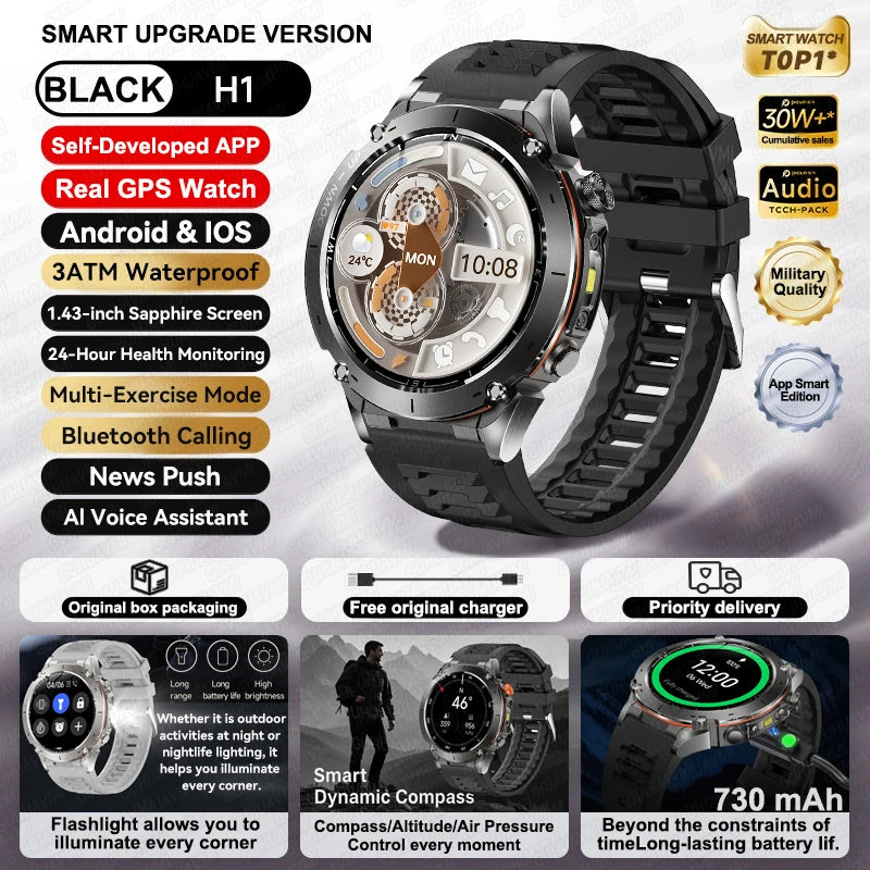 2026 New GPS Smart Watches 10 ATM Waterproof Built-in Dual-band GNSS Compass Military Sport Men SWIM Smartwatch For Android IOS