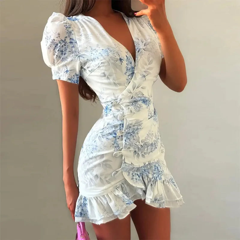 Women Sexy Flora Painted Ruffle Slim Dress Chic Deep V-neck Double Layered Ruffled Hem Dresses Lady New Daily Party Gowns