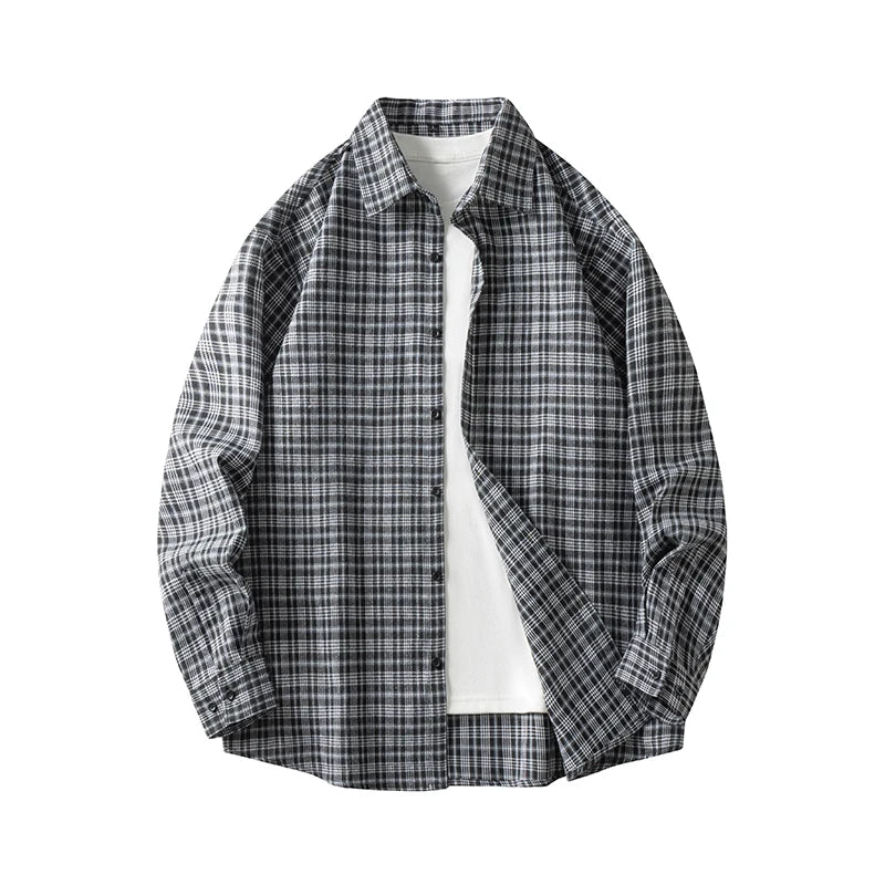Men Shirt Plaid Flannel Retro Long Sleeve Oversized Loose Cotton Casual Male Youth Design Soft Fall Black Formal Dress Shirt
