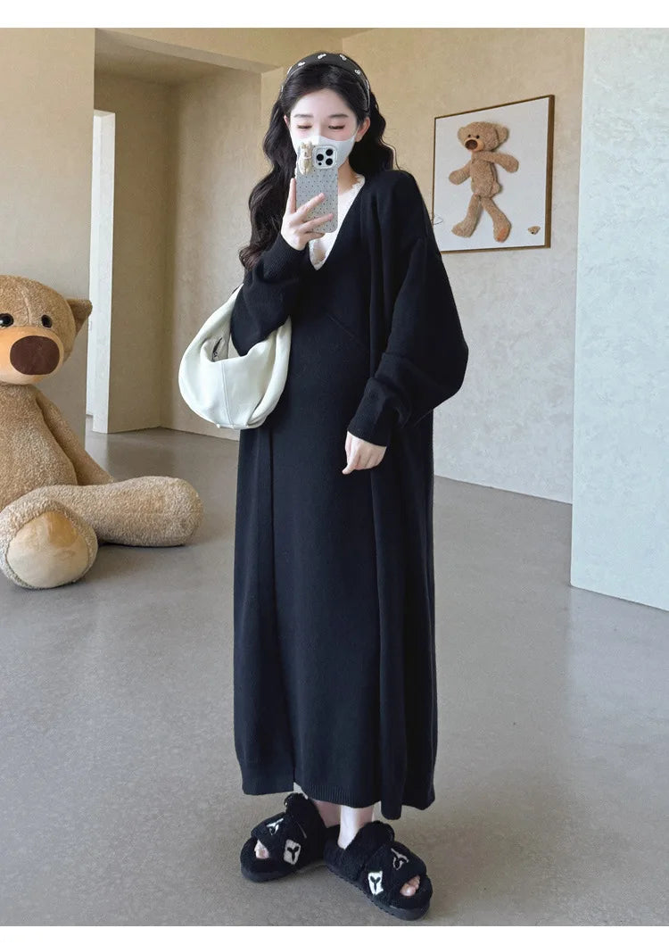 Maternity Suit  Autumn High-End Lazy Style Versatile Long Coat And Lace Paneled V Neck Straight Tank Dress Two Piece Set