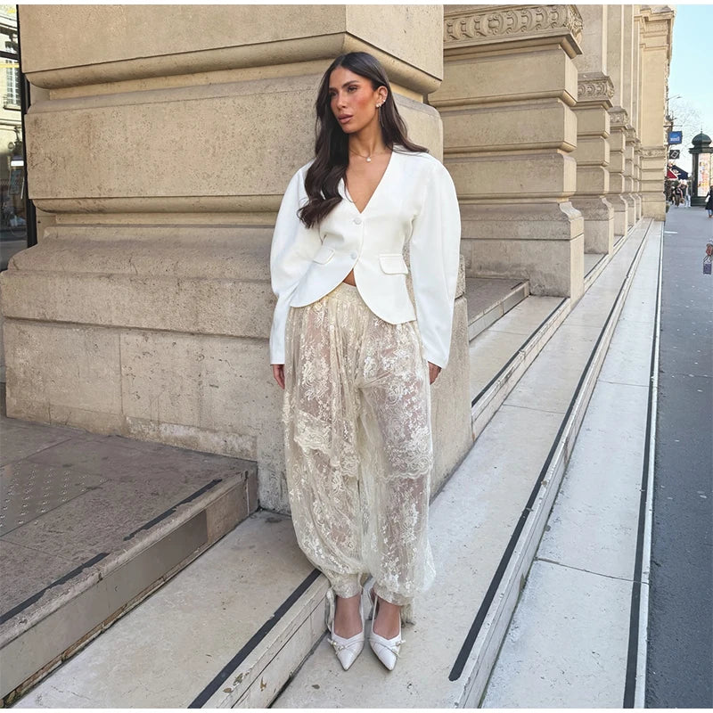 Lace Trim Drawstring Hem Pants Sheer Floral Print Baggy Fit 2026 Summer Vacation Women Pant Trendy Romantic Lady Date Trousers