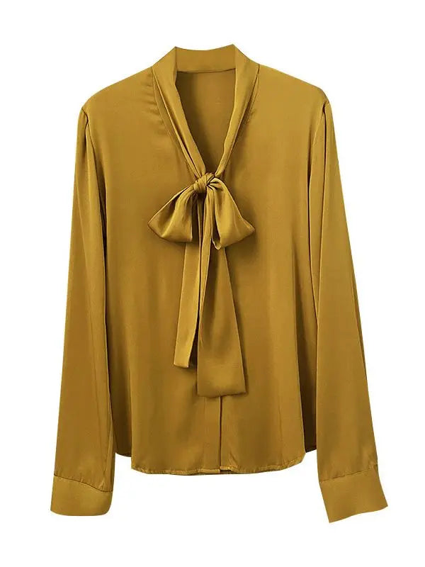 SuyaDream Women's Silk Blouse Long Sleeve Bow Collar Office Chic Solid Color Shirt 93% Silk 7% Spandex Spring 2025