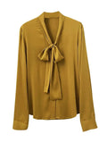 SuyaDream Women's Silk Blouse Long Sleeve Bow Collar Office Chic Solid Color Shirt 93% Silk 7% Spandex Spring 2025