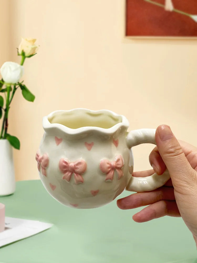 Bow Ceramic Coffee Cup Cute Handmade Ins Style Mug Drinking Water Afternoon Tea Gift Decoration Summer Dopamine Girlfriend Gift