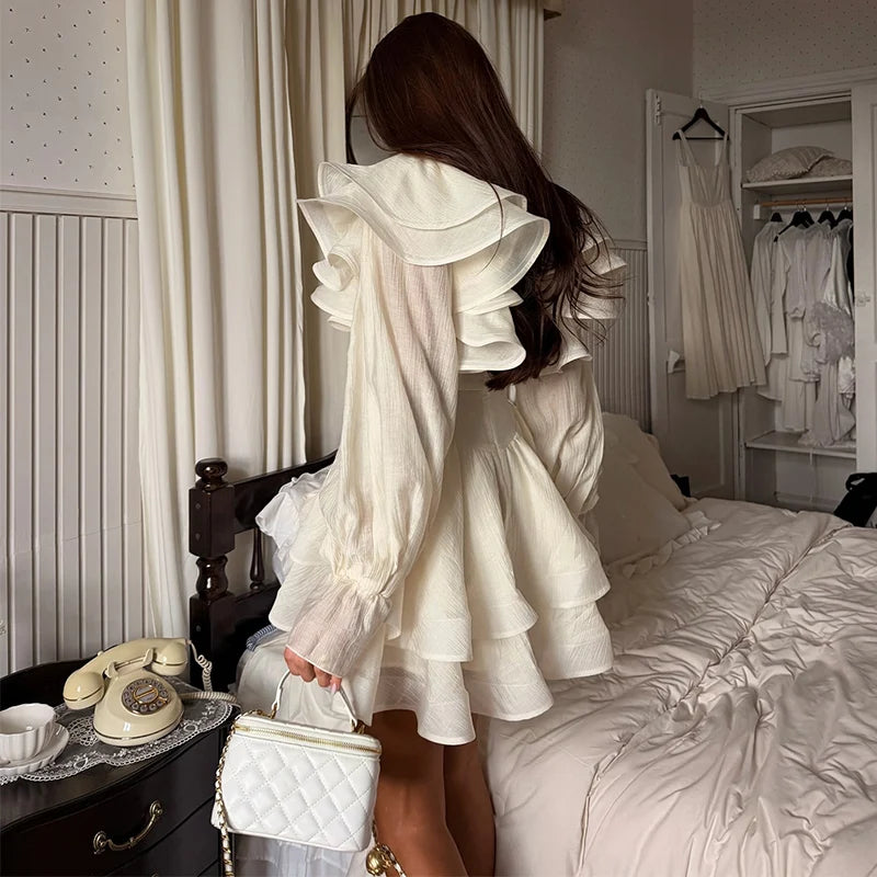 Elegant Floral Print Chiffon Dress Women's Backless Long Sleeve Ruffle Waist Cutout Tiered Dresses 2026 New Lady Party Wear