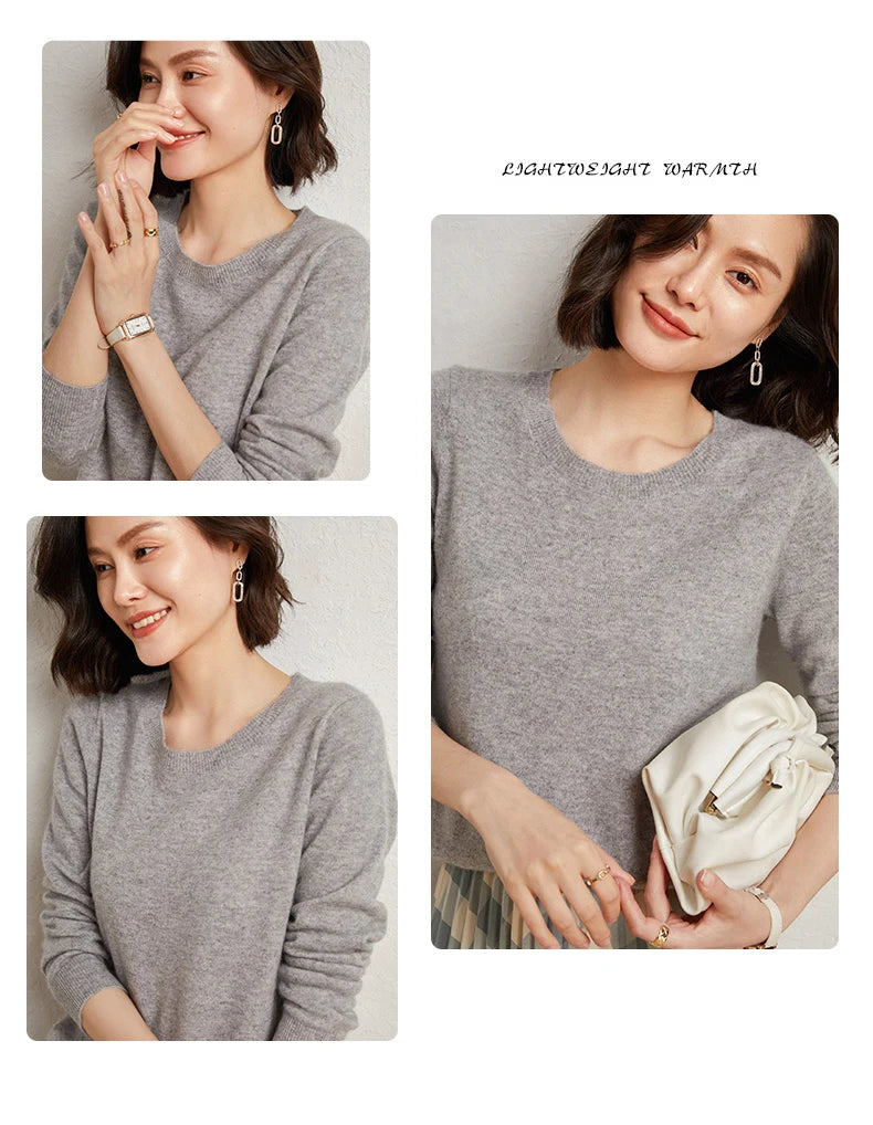 100%Merino Pure Wool Pullover Sweater For AutumnWinter Women's Round Neck Warm High-Quality Solid Color Basic Knitted Jumper Top