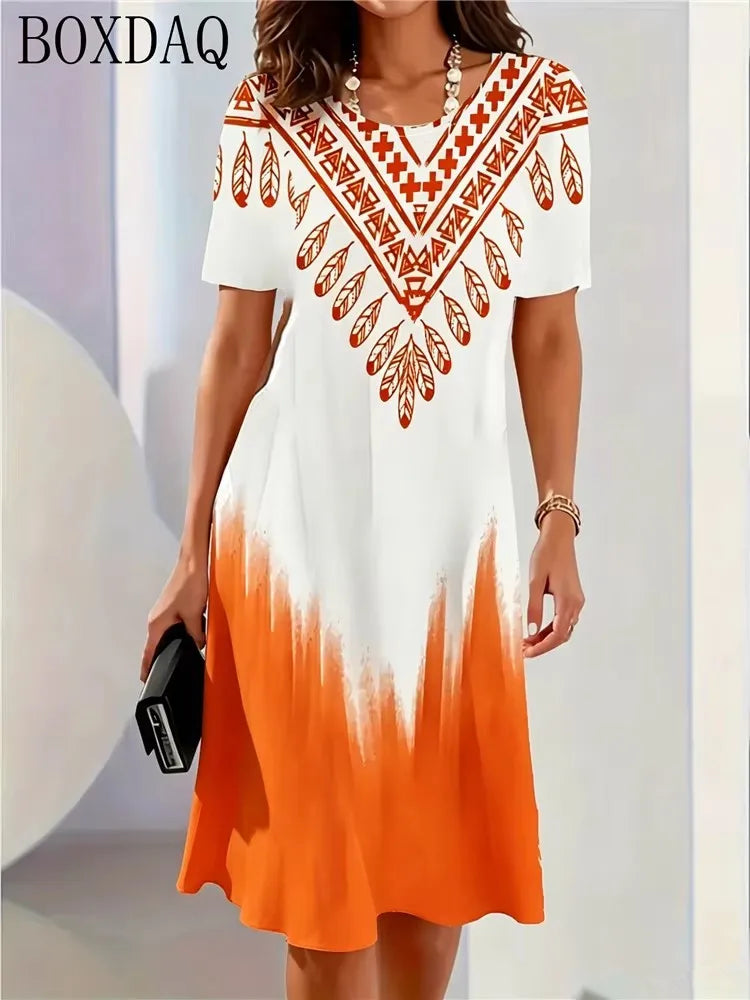 Retro Elegant Women's Summer Short-Sleeved O-Neck Casual Loose A-Line Dress 3D Digital Gradient Print New Dress
